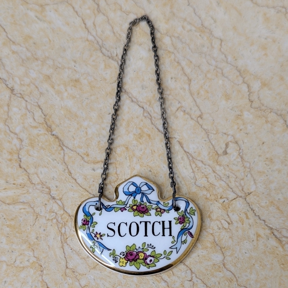 Vintage Coalport Bone China Decanter Scotch Tag Label With Chain Bar Accessories